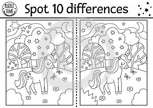 Unicorn black and white find differences game for children. Fairytale line activity with horse with horn, magic forest. Cute