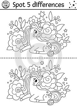 Unicorn black and white find differences game. Fairytale line activity with sitting horse with horn with flower background. Cute