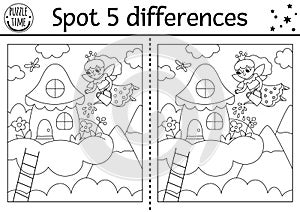 Unicorn black and white find differences game. Fairytale line educational activity with house on cloud and fairy girl watering