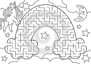 Unicorn black and white geometrical maze for kids. Fairytale line preschool printable activity shaped as rainbow. Magic or fantasy