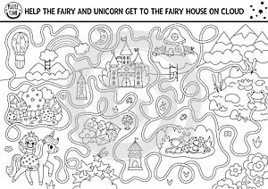 Unicorn black and white maze for kids with fantasy country map, castle, fairy house. Magic printable activity with mountains, pond
