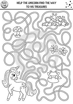 Unicorn black and white maze for kids with fantasy horse and treasures. Magic printable line activity or coloring page with