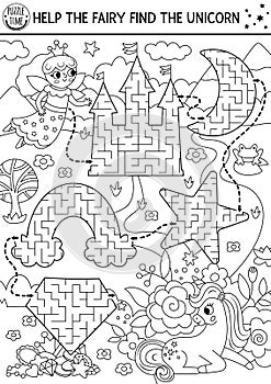 Unicorn black and white maze for kids with geometrical castle, moon, rainbow, star, crystal shapes. Fairytale printable activity.