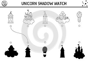 Unicorn black and white shadow matching activity with castle, fairy house on cloud, towers. Magic world puzzle. Find correct
