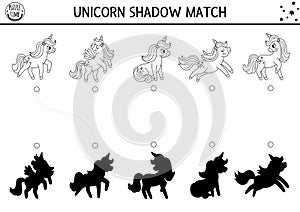 Unicorn black and white shadow matching activity. Magic world puzzle with cute characters. Find correct silhouette printable line
