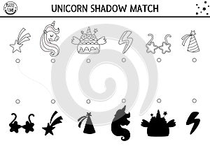 Unicorn black and white shadow matching activity with rainbow cake, birthday cap, falling star. Magic world puzzle. Find correct