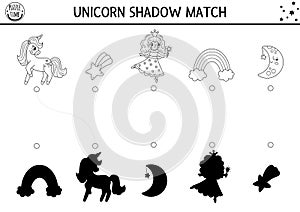 Unicorn black and white shadow matching activity with rainbow, fairy, falling star. Magic world puzzle. Find correct silhouette