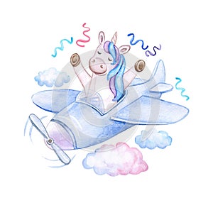 Unicorn on blue plane, airplane isolated on white background. Baby party, baby shower. Watercolor