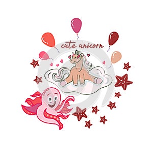 Unicorn cartoon illustration with an octopus friend, kids banner