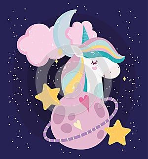 Unicorn cartoon portrait dream magic planet stars moon cloud