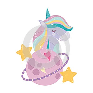 Unicorn cartoon portrait dream magic planet stars moon cloud