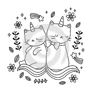 Unicorn cat cartoon couple vector design