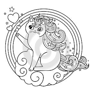 Unicorn cat on a cloud in a round frame. Cute kitten with mane and horn. Black outline coloring book clip art. Vector