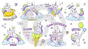 Unicorn cats. Cute doodle characters with kawaii faces and quotes, children hand drawn stickers of funny kittens on