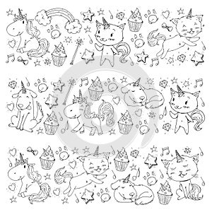 Unicorn. Cats, dog, horse, pony. Vector image. Coloring page for children book. Kindergarten background for banners