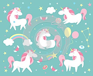Unicorn character set. Cute magic collection with unicorn, rainbow, heart , fairy wings and balloon. Catroon style vector