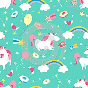 Unicorn character set. Cute magic collection with unicorn, rainbow, heart ,fairy wings and balloon. Catroon style vector