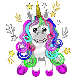 Unicorn, clipart, vector. Cartoon unicorn with stars, isolated on white background.