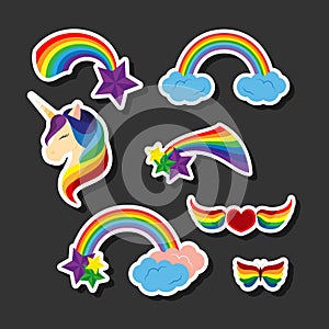 Unicorn with closed eyes rainbows, stars. Heart with rainbow colored wings. Butterfly