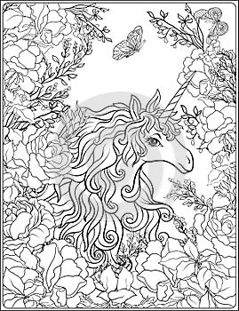 Unicorn. The composition consists of a unicorn surrounded by a b