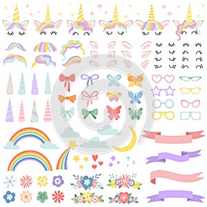 Unicorn constructor. Pony mane styling bundle, unicorns horn and party star glasses. Flowers, magic rainbow and head