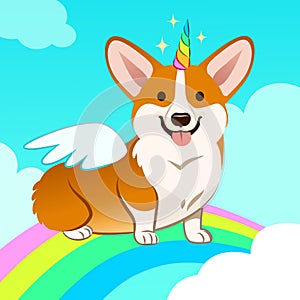 Unicorn corgi dog with horn and wings vector cartoon illustration. Cute corgi puppy in the sky with rainbow and clouds, smiling w