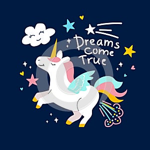 Unicorn cute illustration, card and shirt design