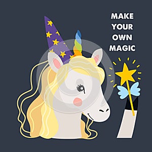 Unicorn cute illustration, card and shirt design
