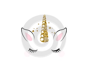 Unicorn cute vector illustration isolated on white background. Fashion girl patch with horse head, golden horn, ears and
