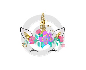 Unicorn cute vector illustration isolated on white background. Fashion girl patch with horse head, golden horn, ears photo