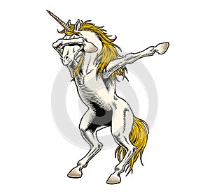 Unicorn dabbing on white background. Dab meme dance move. Comic style vector illustration.