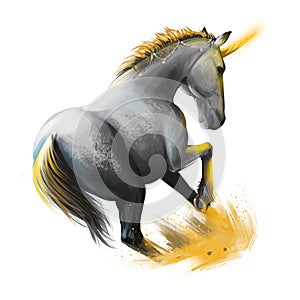 Unicorn digital art illustration isolated on white background. Legendary ancient mythological crature, fairy-tale