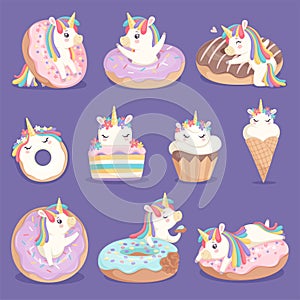 Unicorn donuts. Cute face and characters of magic rose little pony unicorn with cakes donuts ice cream vector dessert