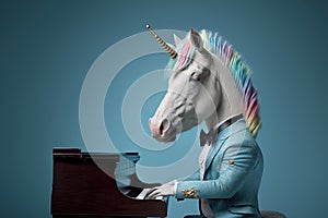 a unicorn dressed as a jazzman play, created with Generative AI technology