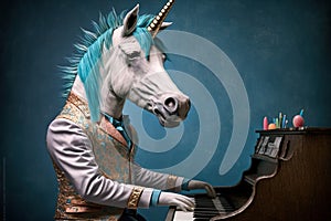 a unicorn dressed as a jazzman play, created with Generative AI technology