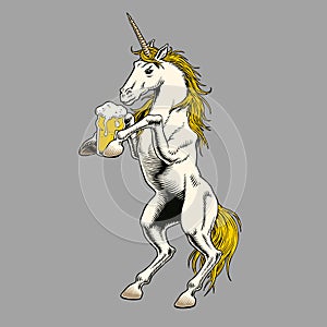 Unicorn drinking beer, isolated. Funny royal heraldic symbol. Rearing horse. Comic style vector illustration.