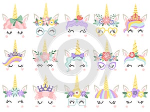 Unicorn face. Beautiful pony unicorns faces, magic horn in rainbow flower wreath and cute eyelashes vector illustration