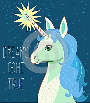 Unicorn Face. Cartoon Vector. Motivation Card With Stars, Decor Elements, Cute Unicorn And Text Dreams Come True. photo