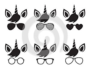 Unicorn Face Wearing Glasses and Sunglasses Silhouette Vector