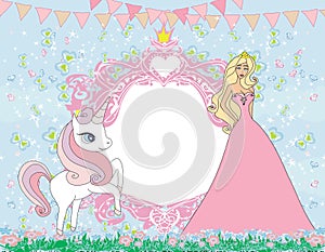 Unicorn and fairy - beautiful girly ornamental frame invitation card