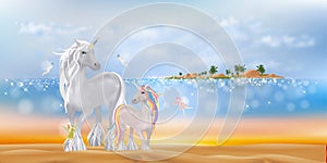 Unicorn family walking on sand beach cute little fairies flying in the morning Tropical sea with blue ocean coconut palm tree on
