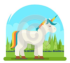 Unicorn Fantasy Horse Wood Background Cartoon Character Flat Design 3d Visual Digital Experience Vector Illustration