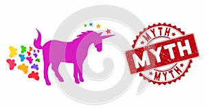 Unicorn Farting Butterflies Icon with Grunge Myth Stamp