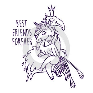 Unicorn with flamingo. Best friends forever. Vector greeting car