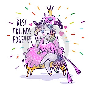 Unicorn with flamingo. Best friends forever. Vector greeting car