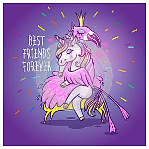 Unicorn with flamingo. Best friends forever. Vector greeting car