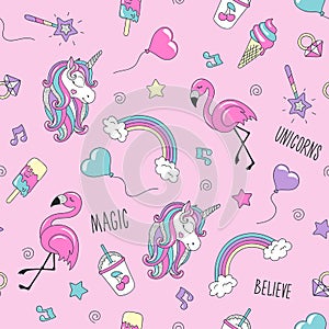 Unicorn and flamingo pattern on a pink background. Colorful trendy seamless pattern. Fashion illustration drawing in modern style