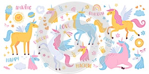 Unicorn flat illustrations set. Mythological and magical creature. Pegasus and unicorn, winged horse