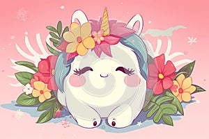 A unicorn with a flower crown on its head AI generation photo