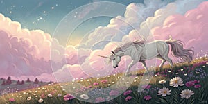 Unicorn in Flower Field at Sunset, Fantasy , Dreamscape